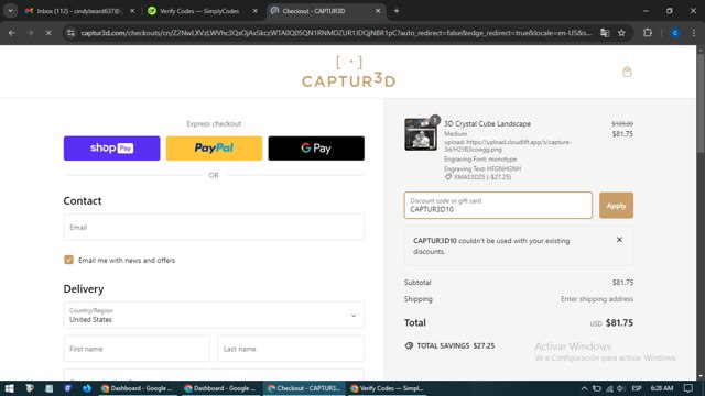 The 3D Gift checkout page showing The 3D Gift promo code box | Screenshot taken by SimplyCodes community member on Dec 27, 2024
