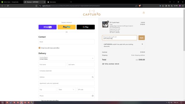The 3D Gift checkout page showing The 3D Gift promo code box | Screenshot taken by SimplyCodes community member on Nov 28, 2024