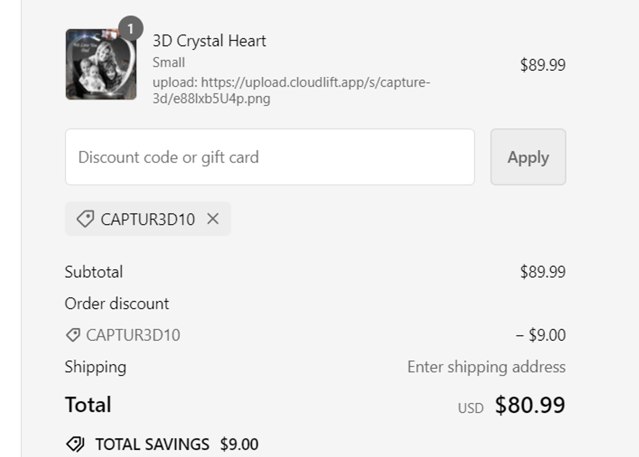 The 3D Gift checkout page showing The 3D Gift promo code box | Screenshot taken by SimplyCodes community member on Aug 29, 2024