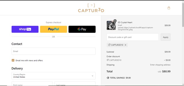 The 3D Gift checkout page showing The 3D Gift promo code box | Screenshot taken by SimplyCodes community member on Oct 1, 2024