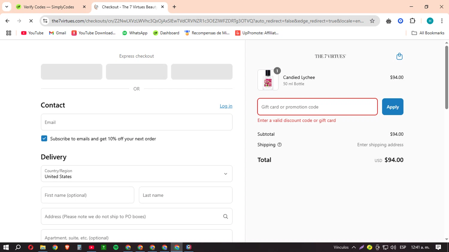 The 7 Virtues promo code screenshot showing code HOLIDAY20 applied at The 7 Virtues checkout page. Uploaded by SimplyCodes community member MACHINEv1 on Mar 23, 2025