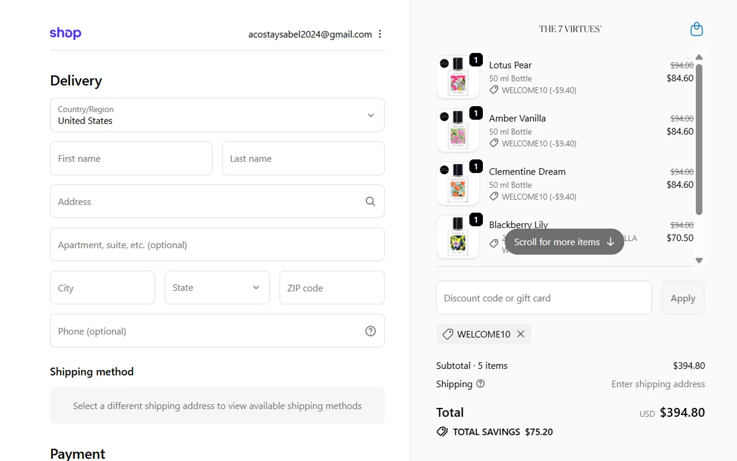 The 7 Virtues promo code screenshot showing code welcome10 applied at The 7 Virtues checkout page. Uploaded by SimplyCodes community member Gray_75 on Oct 7, 2025
