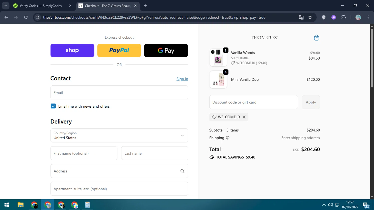 The 7 Virtues promo code screenshot showing code welcome10 applied at The 7 Virtues checkout page. Uploaded by SimplyCodes community member LegendaryPro7106 on Oct 7, 2025