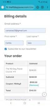 The 90-Day Pause coupon verification screenshot