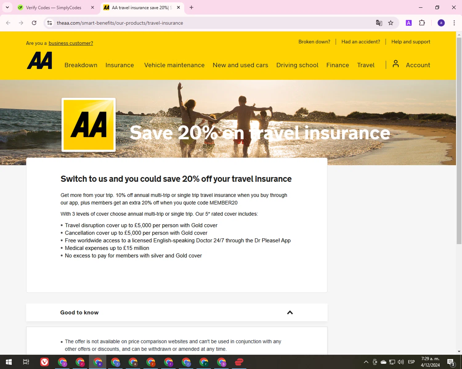 The AA checkout page showing The AA promo code box | Screenshot taken by SimplyCodes community member on Dec 4, 2024