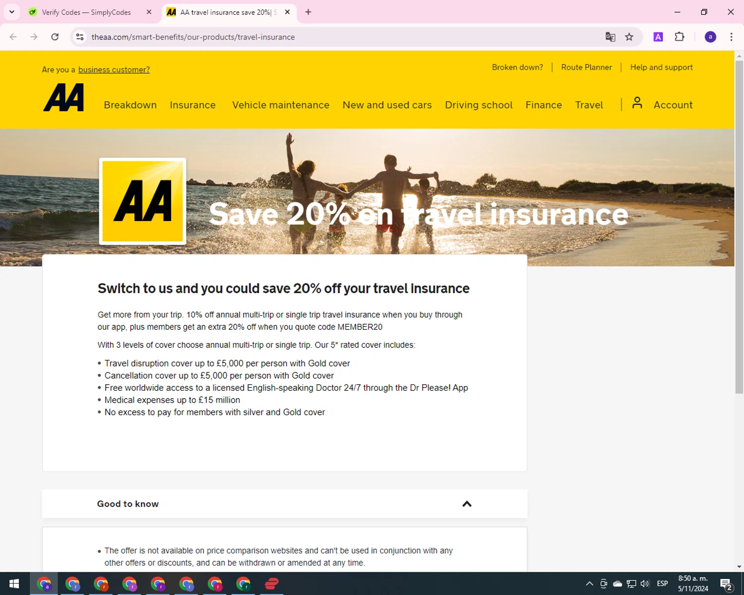 The AA checkout page showing The AA promo code box | Screenshot taken by SimplyCodes community member on Nov 5, 2024