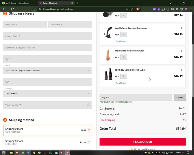The Adult Toy Shop checkout page showing The Adult Toy Shop promo code box | Screenshot taken by SimplyCodes community member on Jun 6, 2025