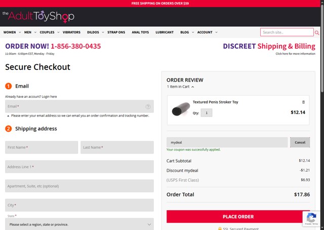 The Adult Toy Shop checkout page showing The Adult Toy Shop promo code box | Screenshot taken by SimplyCodes community member on Jun 20, 2025