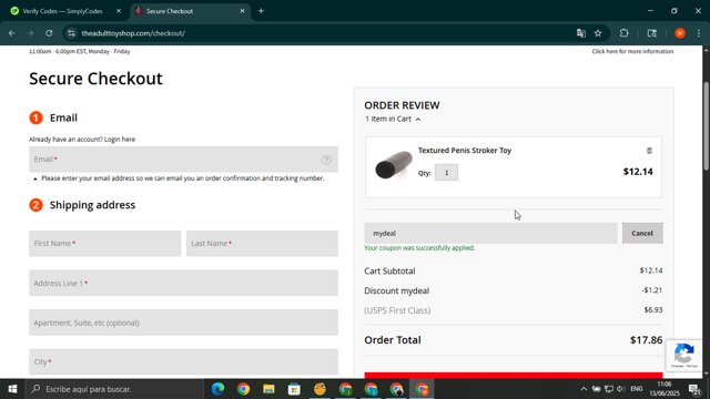 The Adult Toy Shop checkout page showing The Adult Toy Shop promo code box | Screenshot taken by SimplyCodes community member on Jun 13, 2025