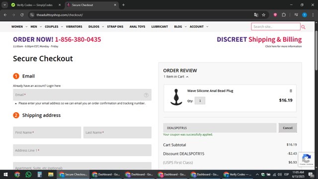 The Adult Toy Shop checkout page showing The Adult Toy Shop promo code box | Screenshot taken by SimplyCodes community member on Jun 13, 2025