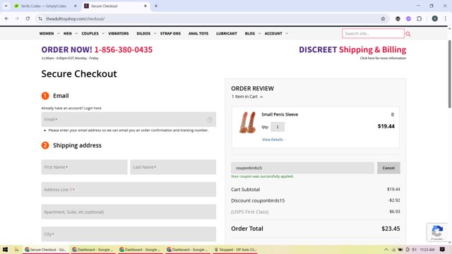 The Adult Toy Shop checkout page showing The Adult Toy Shop promo code box | Screenshot taken by SimplyCodes community member on Jun 20, 2025