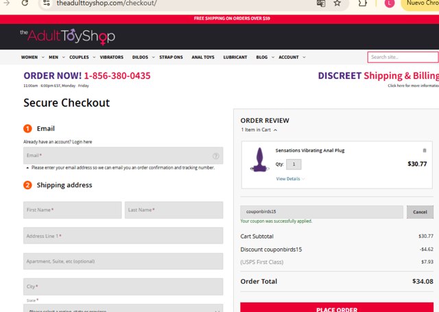 The Adult Toy Shop checkout page showing The Adult Toy Shop promo code box | Screenshot taken by SimplyCodes community member on Jun 13, 2025