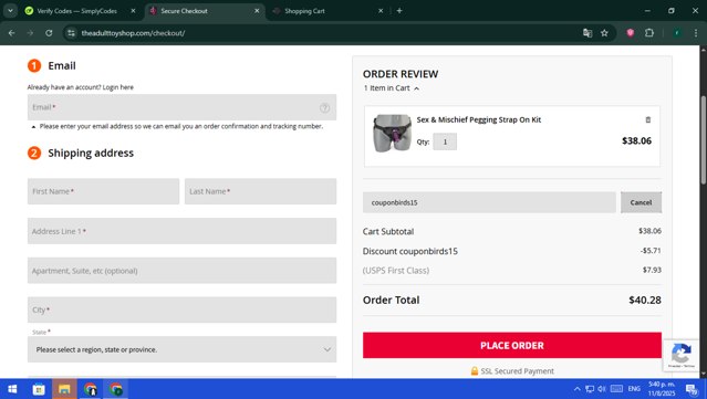 The Adult Toy Shop checkout page showing The Adult Toy Shop promo code box | Screenshot taken by SimplyCodes community member on Aug 11, 2025