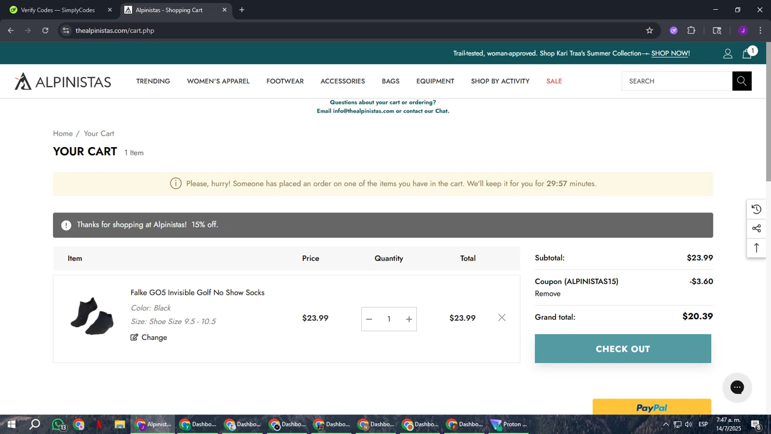 ALPINISTAS coupon code screenshot showing code ALPINISTAS15 applied at ALPINISTAS checkout page. Uploaded by SimplyCodes community member ComeBurra123 on Jul 14, 2025