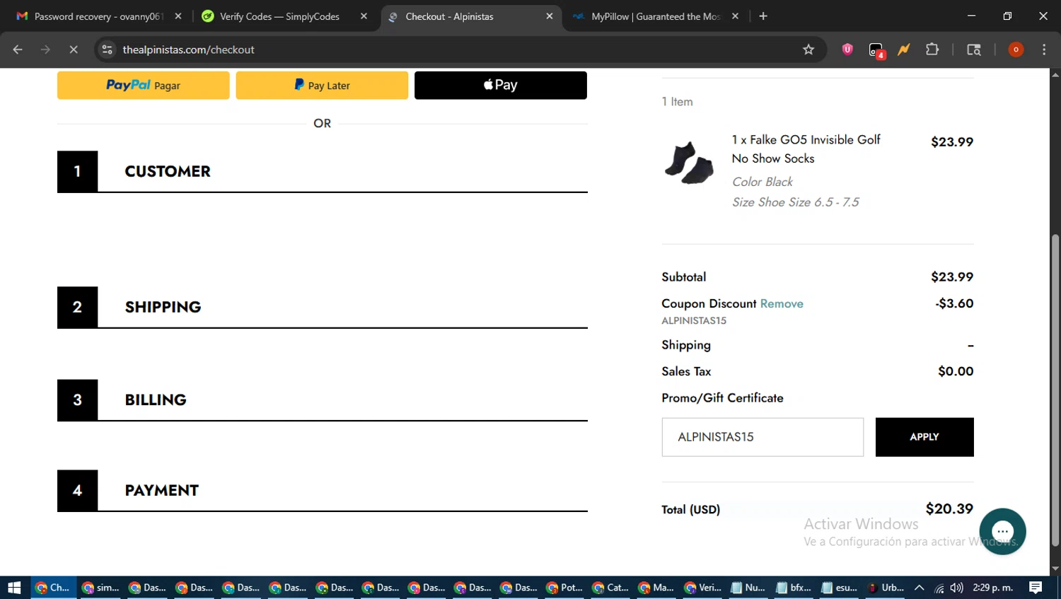 ALPINISTAS coupon code screenshot showing code ALPINISTAS15 applied at ALPINISTAS checkout page. Uploaded by SimplyCodes community member WiseTracker2171 on Aug 12, 2025