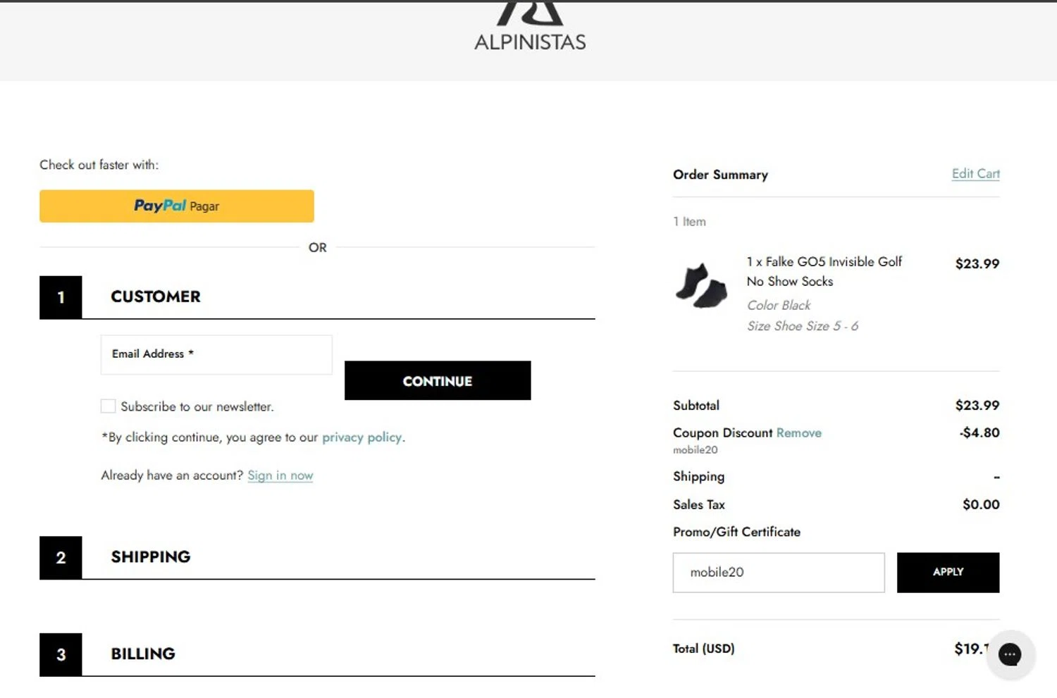 ALPINISTAS checkout page showing ALPINISTAS coupon code box | Screenshot taken by SimplyCodes community member on Nov 11, 2025