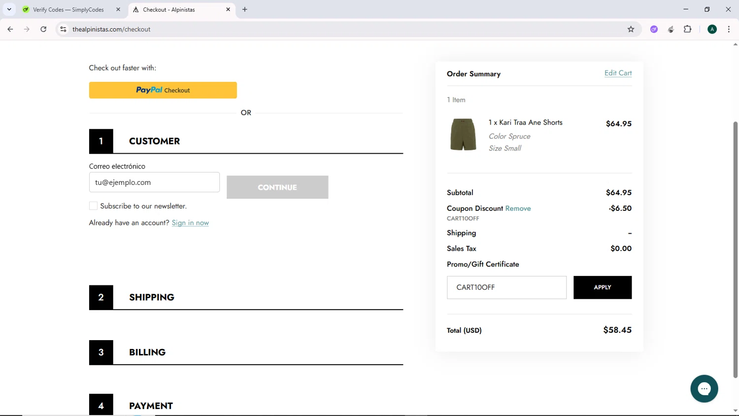 ALPINISTAS coupon code screenshot showing code CART10OFF applied at ALPINISTAS checkout page. Uploaded by SimplyCodes community member DiscountCurator2907 on Jul 7, 2025