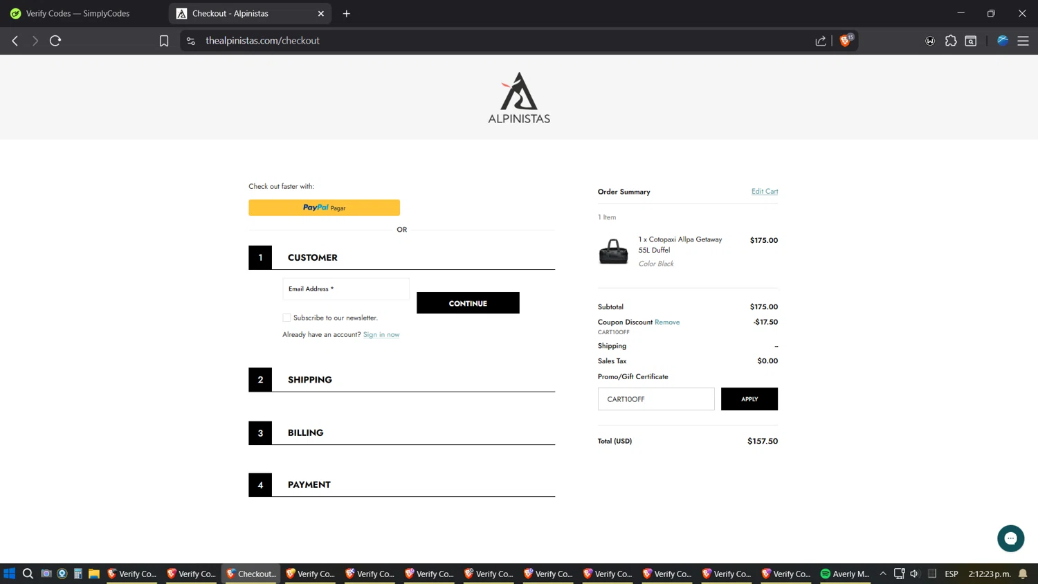 ALPINISTAS coupon code screenshot showing code CART10OFF applied at ALPINISTAS checkout page. Uploaded by SimplyCodes community member Jgomez on Oct 2, 2025