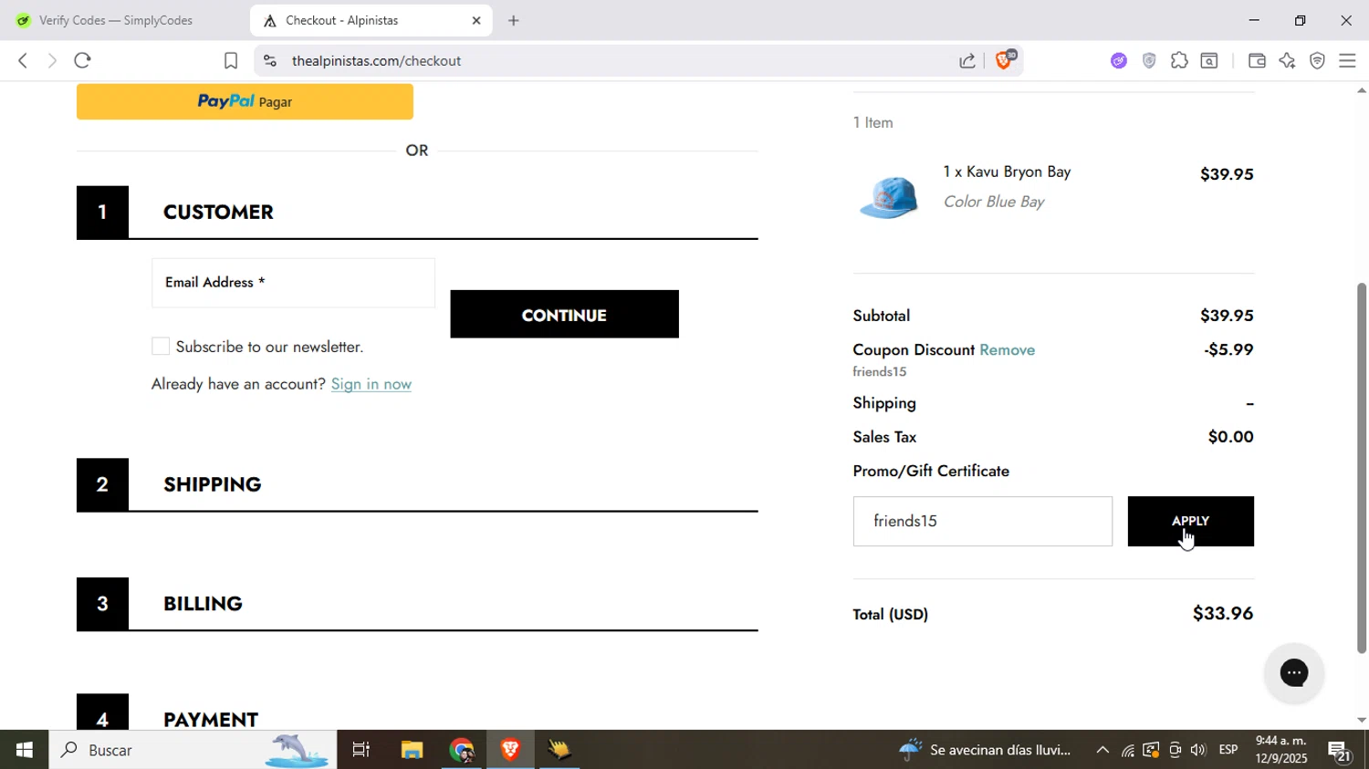 ALPINISTAS coupon code screenshot showing code friends15 applied at ALPINISTAS checkout page. Uploaded by SimplyCodes community member Mujerdejunnior on Sep 12, 2025