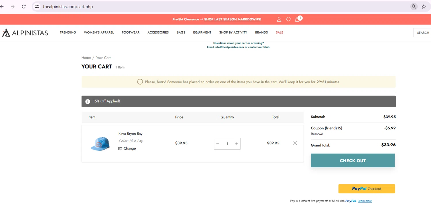 ALPINISTAS coupon code screenshot showing code friends15 applied at ALPINISTAS checkout page. Uploaded by SimplyCodes community member Samu10 on Oct 11, 2025