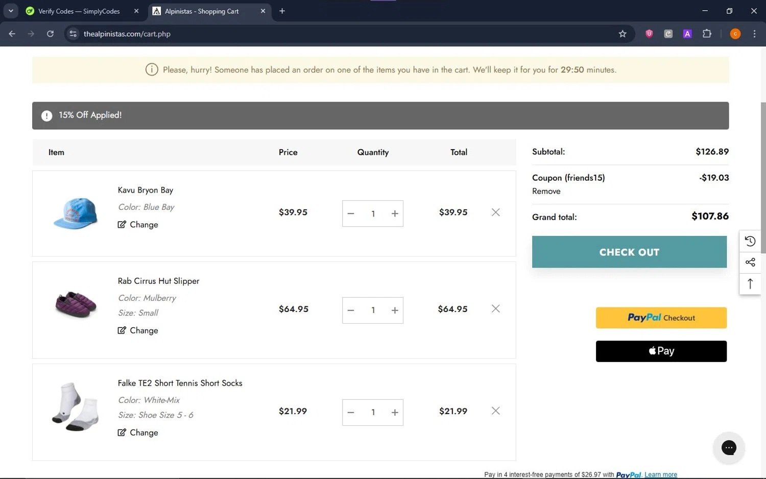 ALPINISTAS coupon code screenshot showing code friends15 applied at ALPINISTAS checkout page. Uploaded by SimplyCodes community member ShrewdCaptain9911 on Nov 9, 2025