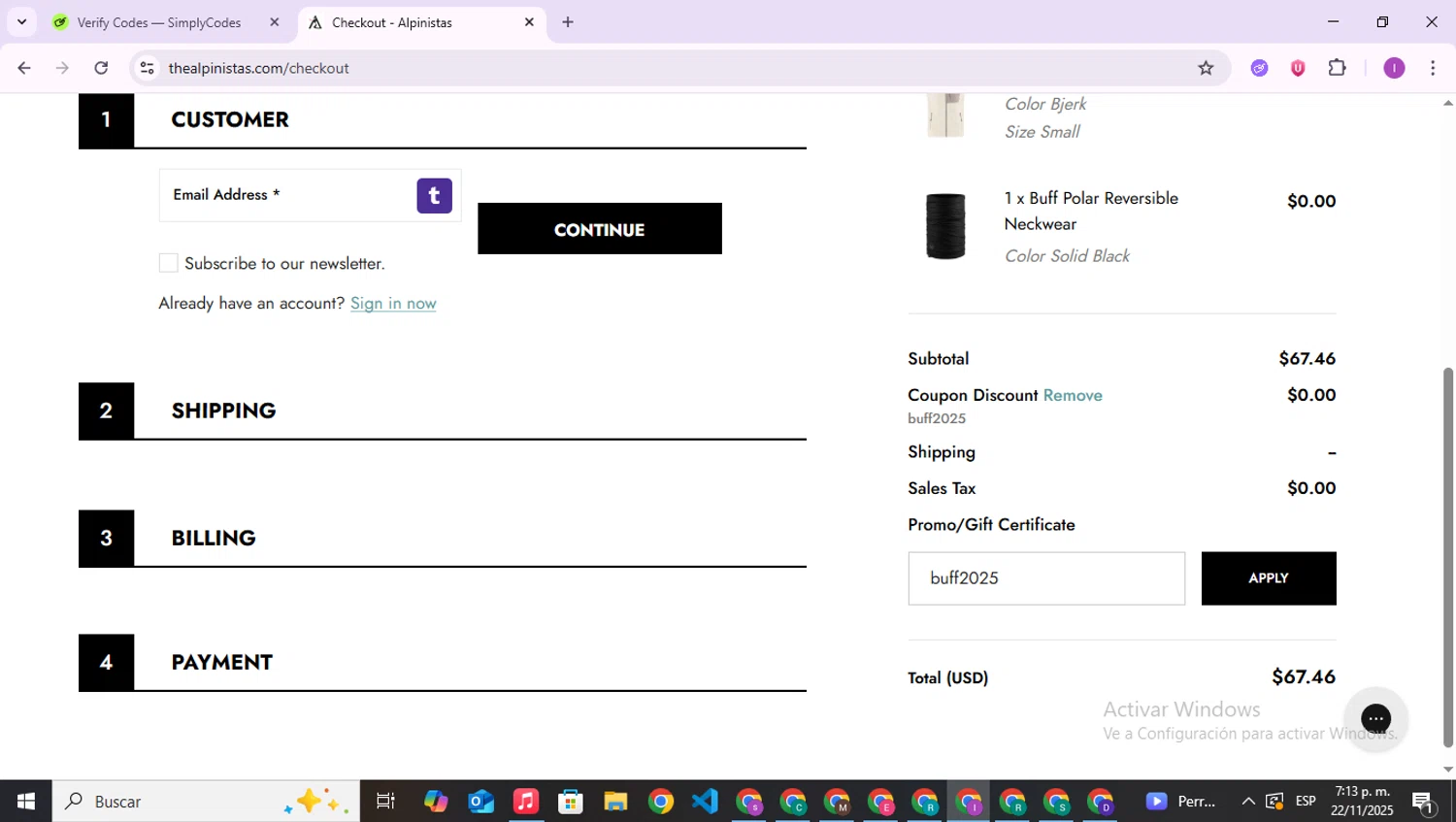 ALPINISTAS checkout page showing ALPINISTAS coupon code box | Screenshot taken by SimplyCodes community member on Nov 22, 2025