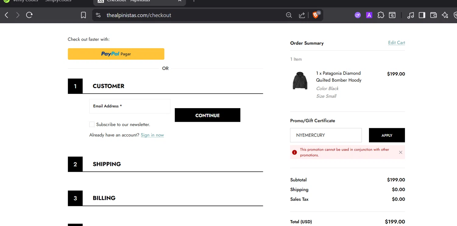 ALPINISTAS checkout page showing ALPINISTAS coupon code box | Screenshot taken by SimplyCodes community member on Dec 31, 2025