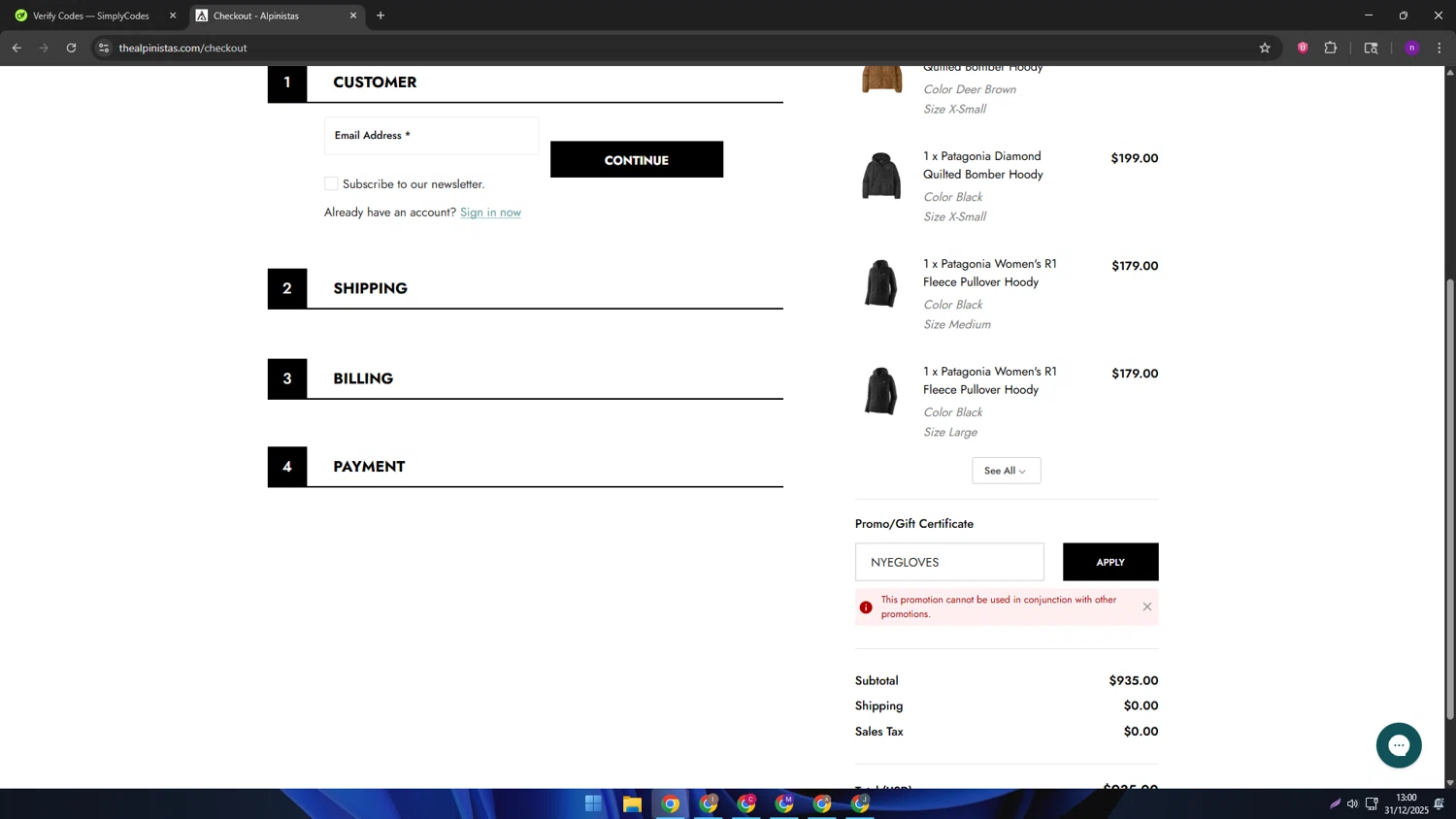 ALPINISTAS coupon code screenshot showing code NYEGLOVES applied at ALPINISTAS checkout page. Uploaded by SimplyCodes community member AVAMUSTANG on Dec 31, 2025