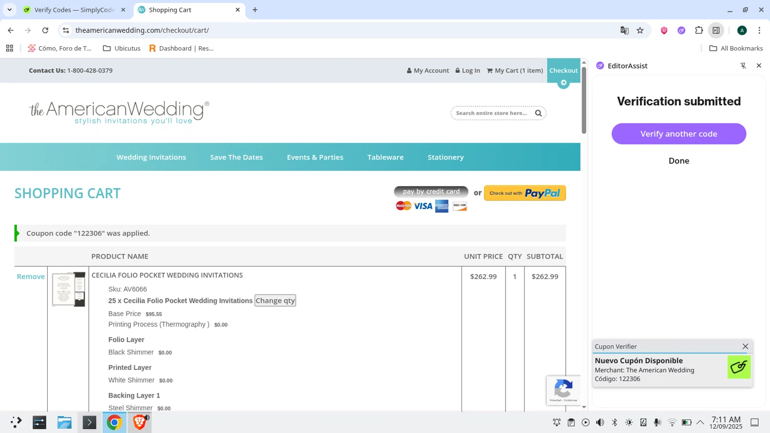 The American Wedding promo code screenshot showing code 122306 applied at The American Wedding checkout page. Uploaded by SimplyCodes community member admeneses on Sep 12, 2025