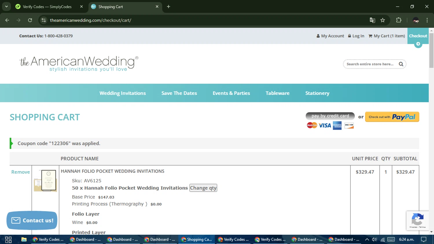 The American Wedding promo code screenshot showing code 122306 applied at The American Wedding checkout page. Uploaded by SimplyCodes community member WonderCurator791 on Feb 24, 2025