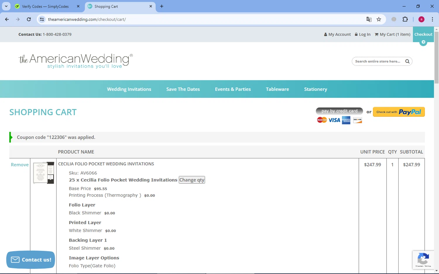 The American Wedding checkout page showing The American Wedding promo code box | Screenshot taken by SimplyCodes community member on May 13, 2024