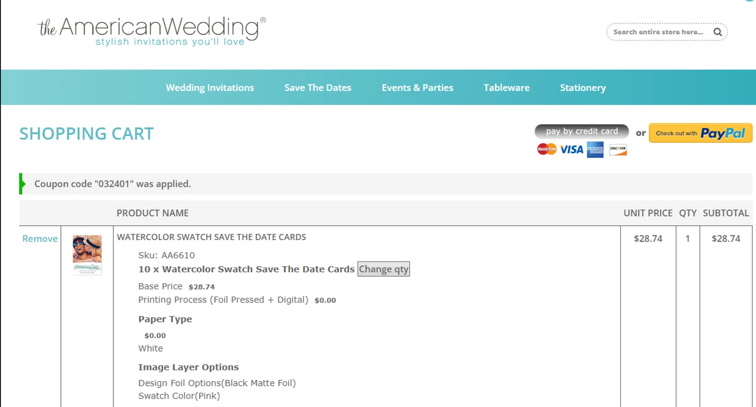 The American Wedding checkout page showing The American Wedding promo code box | Screenshot taken by SimplyCodes community member on Mar 30, 2024