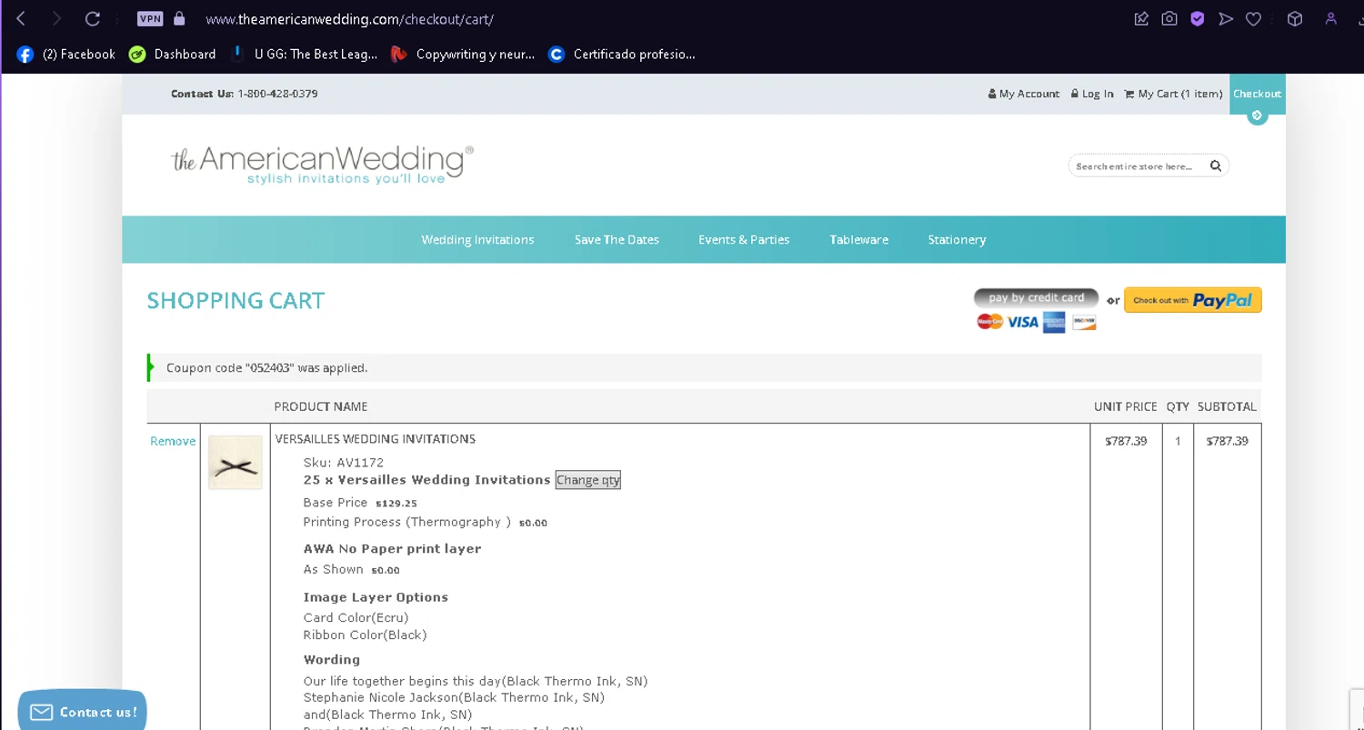 The American Wedding checkout page showing The American Wedding promo code box | Screenshot taken by SimplyCodes community member on Jun 1, 2024