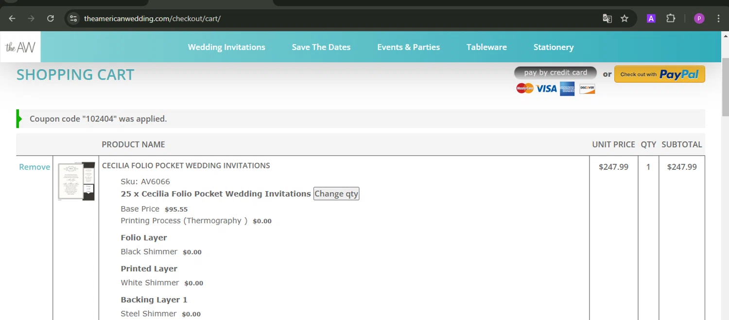 The American Wedding checkout page showing The American Wedding promo code box | Screenshot taken by SimplyCodes community member on Oct 4, 2024