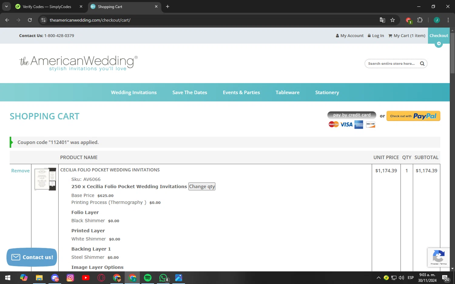 The American Wedding checkout page showing The American Wedding promo code box | Screenshot taken by SimplyCodes community member on Nov 30, 2024