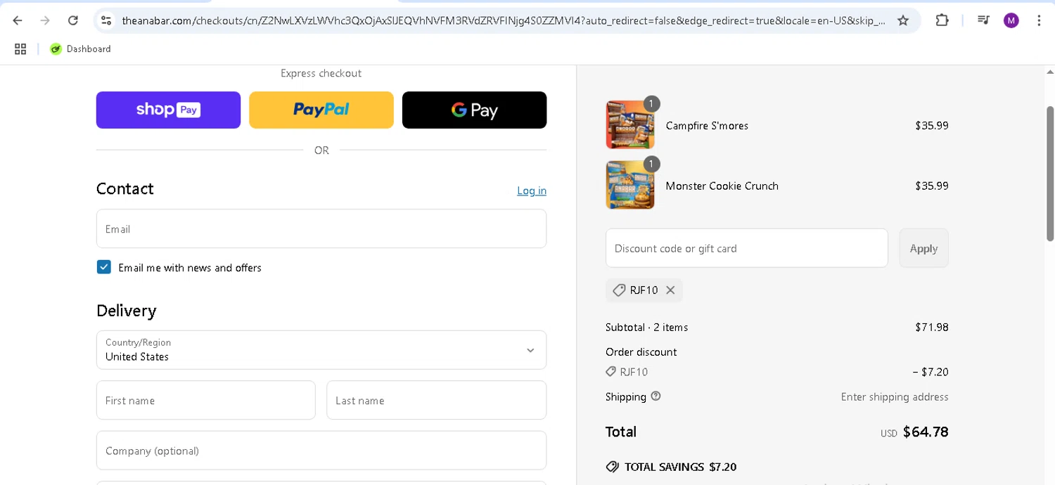 The Anabar promo code screenshot showing code RJF10 applied at The Anabar checkout page. Uploaded by SimplyCodes community member monicacaraballo on Apr 9, 2025