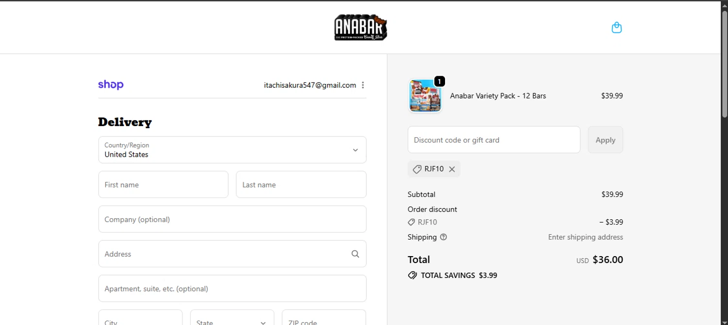 The Anabar promo code screenshot showing code RJF10 applied at The Anabar checkout page. Uploaded by SimplyCodes community member noworries on Oct 7, 2025