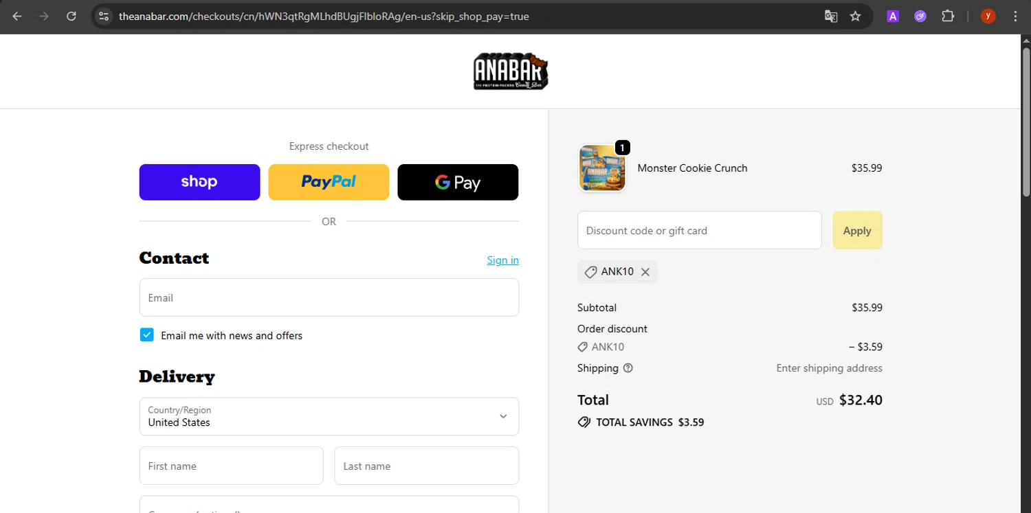 The Anabar promo code screenshot showing code ANK10 applied at The Anabar checkout page. Uploaded by SimplyCodes community member CrownTiger7501 on Oct 7, 2025