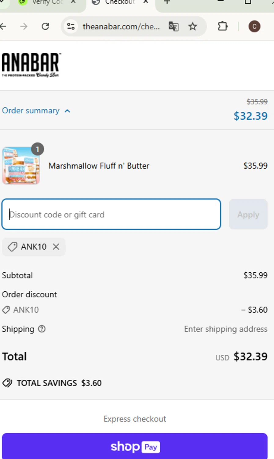 The Anabar promo code screenshot showing code ANK10 applied at The Anabar checkout page. Uploaded by SimplyCodes community member ValueHawk3038 on Mar 19, 2025