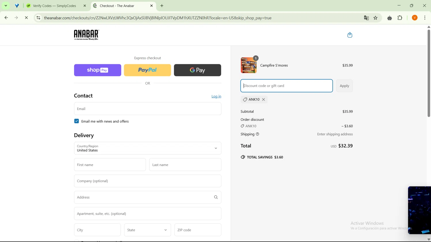 The Anabar promo code screenshot showing code ANK10 applied at The Anabar checkout page. Uploaded by SimplyCodes community member SavingsFinder9954 on Apr 8, 2025