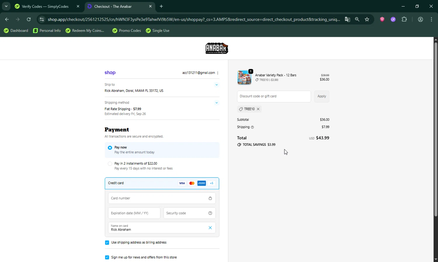 The Anabar promo code screenshot showing code TREE10 applied at The Anabar checkout page. Uploaded by SimplyCodes community member LHaunter on Sep 21, 2025