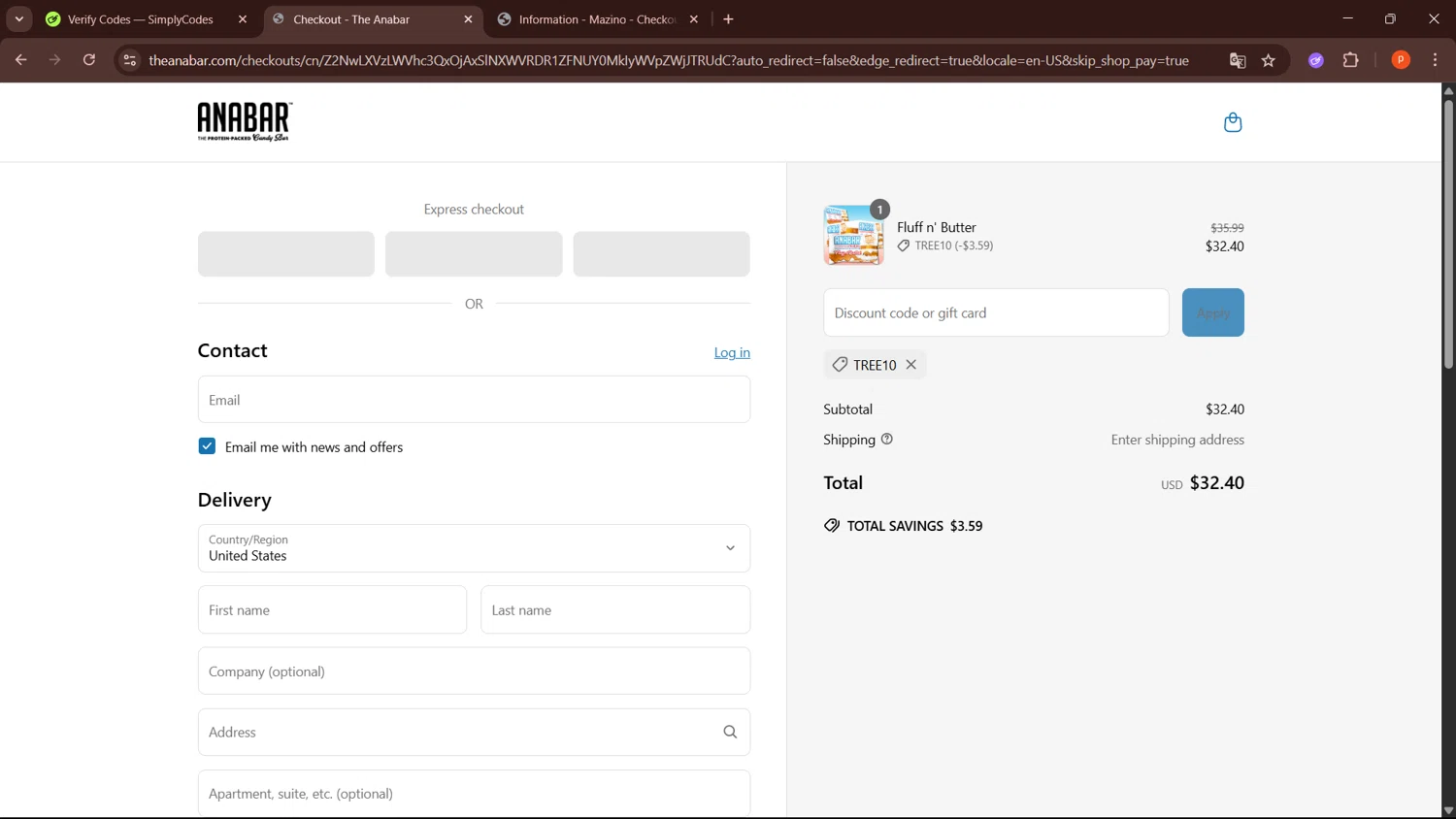 The Anabar promo code screenshot showing code TREE10 applied at The Anabar checkout page. Uploaded by SimplyCodes community member LegendaryPro3698 on Apr 28, 2025