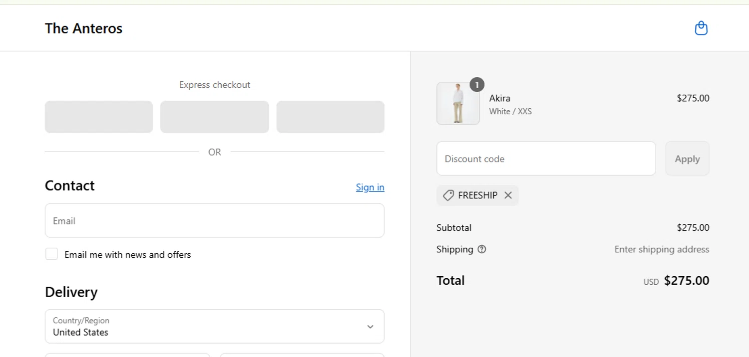 The Anteros promo code screenshot showing code FREESHIP applied at The Anteros checkout page. Uploaded by SimplyCodes community member CouponLion324 on Sep 16, 2025