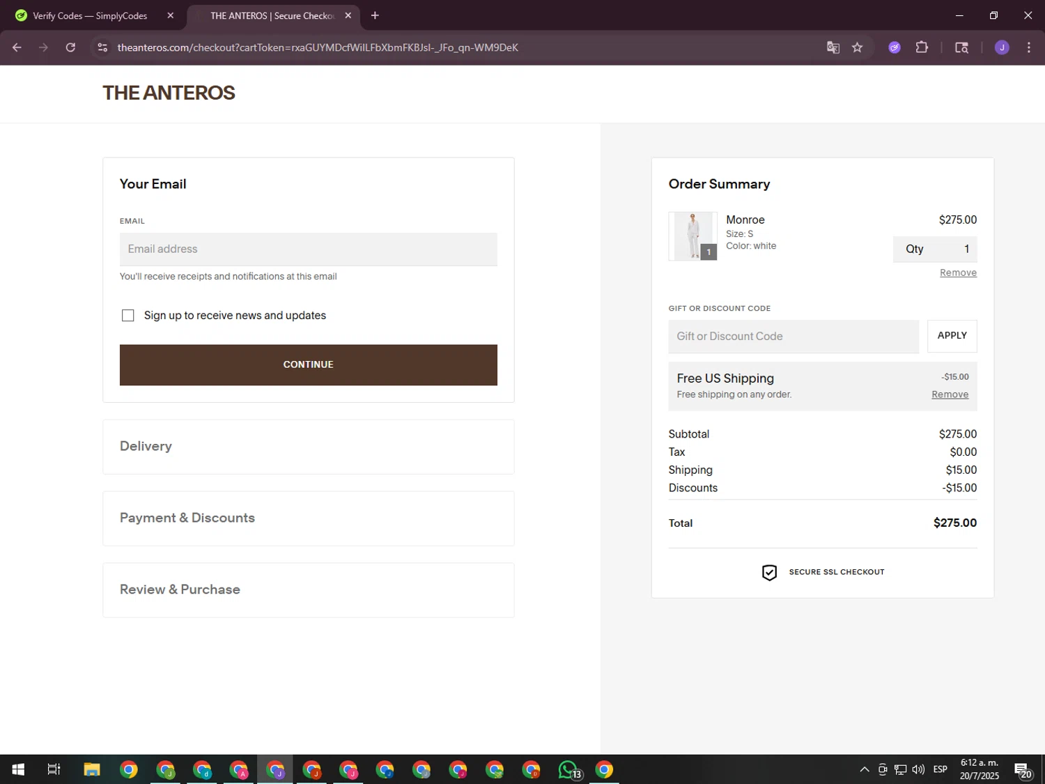 The Anteros promo code screenshot showing code FREESHIP applied at The Anteros checkout page. Uploaded by SimplyCodes community member ValueHero2277 on Jul 20, 2025