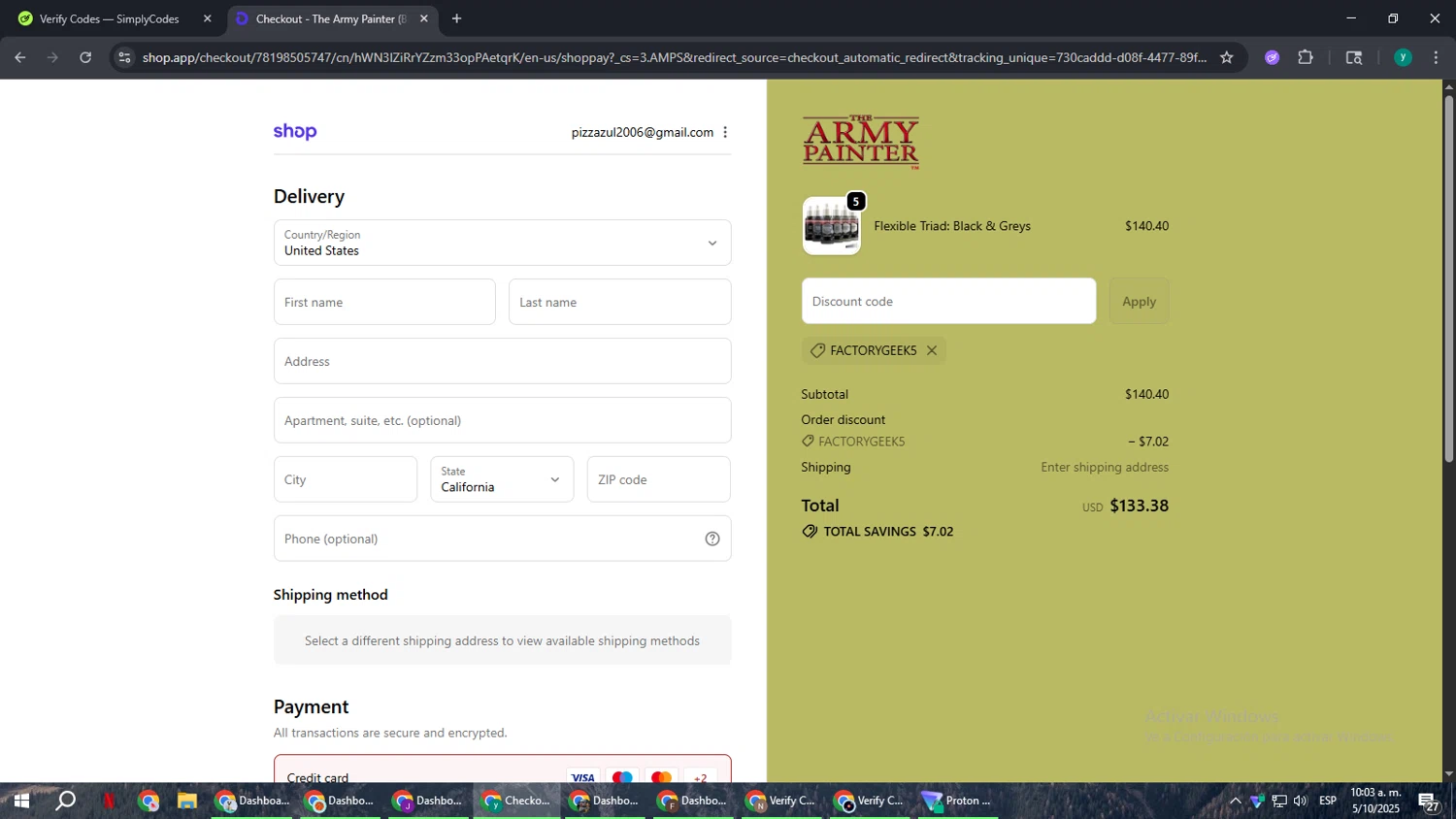 The Army Painter discount code screenshot showing code FACTORYGEEK5 applied at The Army Painter checkout page. Uploaded by SimplyCodes community member FrugalCaptain6906 on Oct 5, 2025