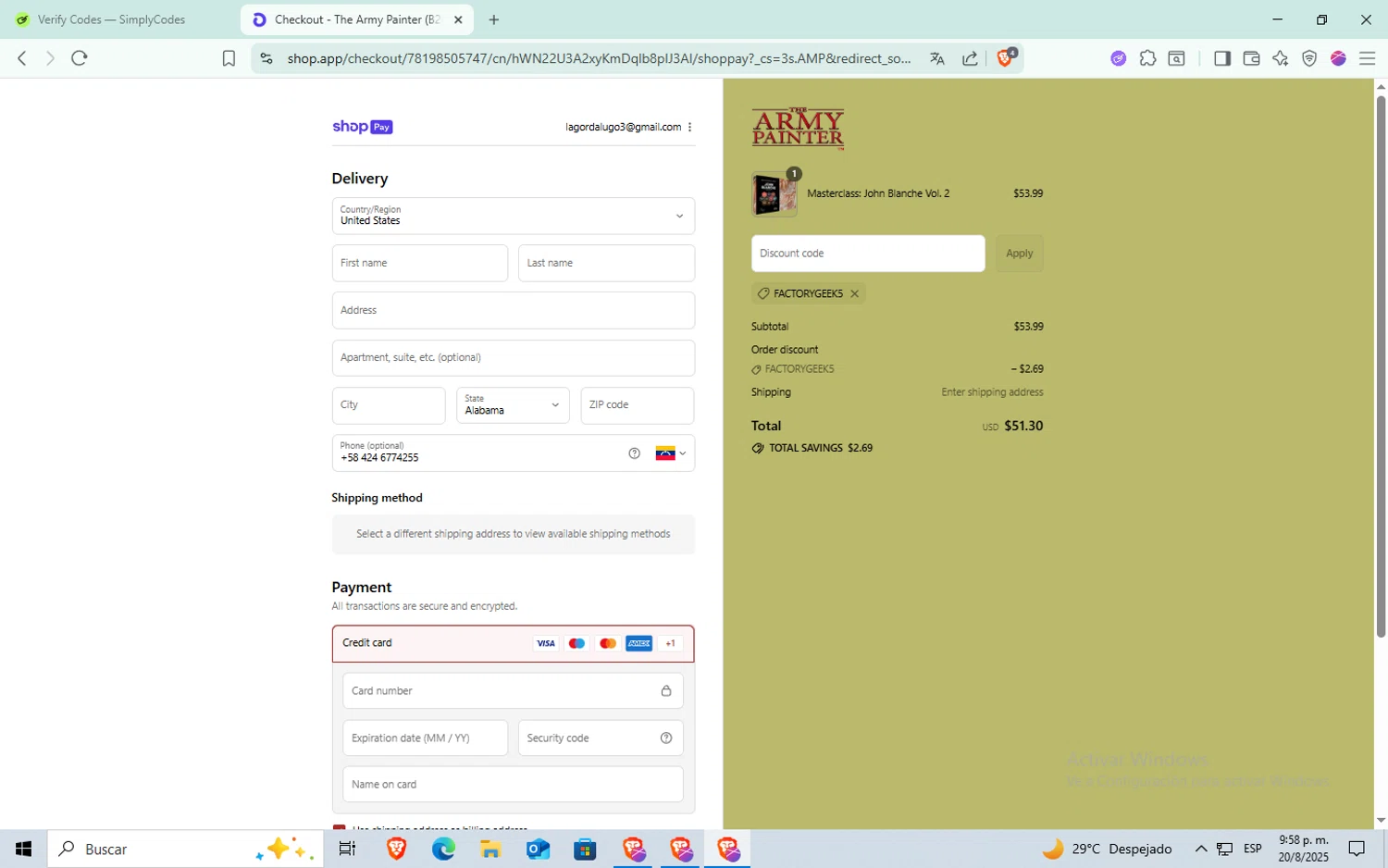 The Army Painter discount code screenshot showing code FACTORYGEEK5 applied at The Army Painter checkout page. Uploaded by SimplyCodes community member Puta_madre10 on Aug 21, 2025