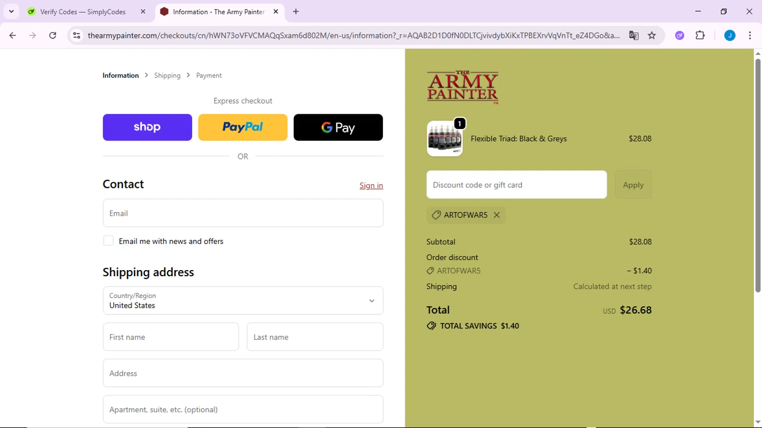 The Army Painter discount code screenshot showing code ArtOfWar5 applied at The Army Painter checkout page. Uploaded by SimplyCodes community member CodeLynx3161 on Dec 31, 2025