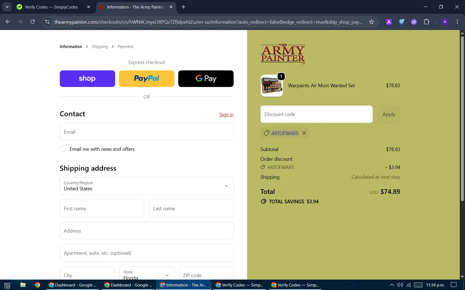 The Army Painter discount code screenshot showing code ArtOfWar5 applied at The Army Painter checkout page. Uploaded by SimplyCodes community member ThriftySentinel2853 on Oct 17, 2025