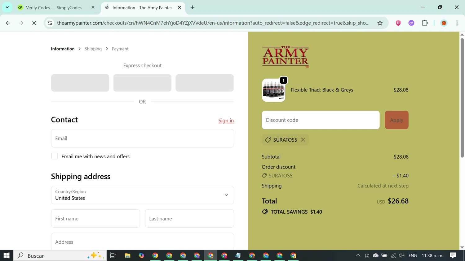 The Army Painter discount code screenshot showing code Suratos5 applied at The Army Painter checkout page. Uploaded by SimplyCodes community member ABUSAMADRES_ on Oct 17, 2025