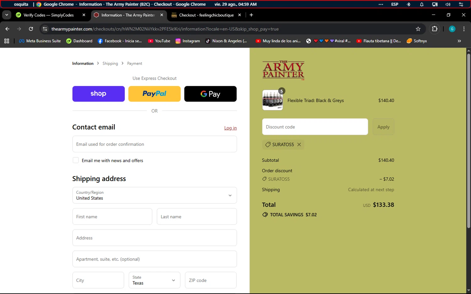 The Army Painter discount code screenshot showing code Suratos5 applied at The Army Painter checkout page. Uploaded by SimplyCodes community member ELROJO on Aug 29, 2025